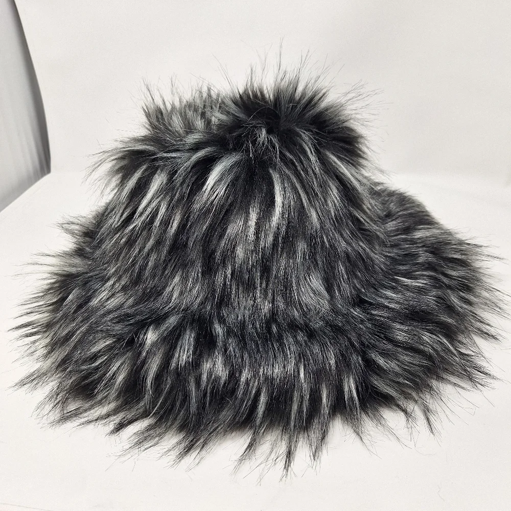 Dolls Kill Darker Wavs Black And Grey Faux Fur Bucket Hat. Oversized Brim
